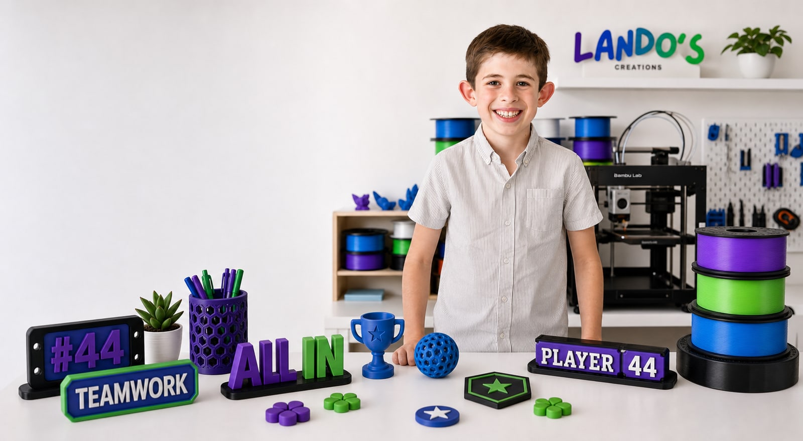 Landon standing with 3D printed team gifts, signs, and fidgets